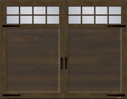 Porte de garage de style traditionnel, modèle Eastman E-11, 9' x 7', porte et moulures Argile Noyer chocolaté Faux bois avec fenêtre Panoramique 8 carreaux