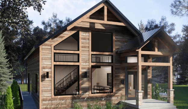 Maison de style scandinave. Son bois blond contraste avec les fenêtres et la porte d'entrée noires, le pignon, la fenêtre triangulaire et la pente du toit.